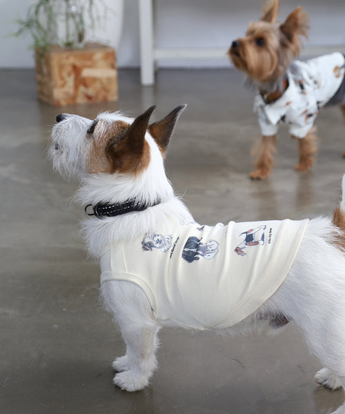 オフホワイトのBritish Dogs犬用タンクトップを着た小型犬の横向き着用イメージ