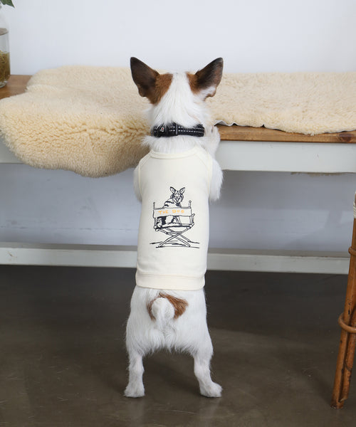 オフホワイトのRinTinTin犬用タンクトップを着た小型犬が後ろ足で立ち、背面のプリントが見える着用イメージ